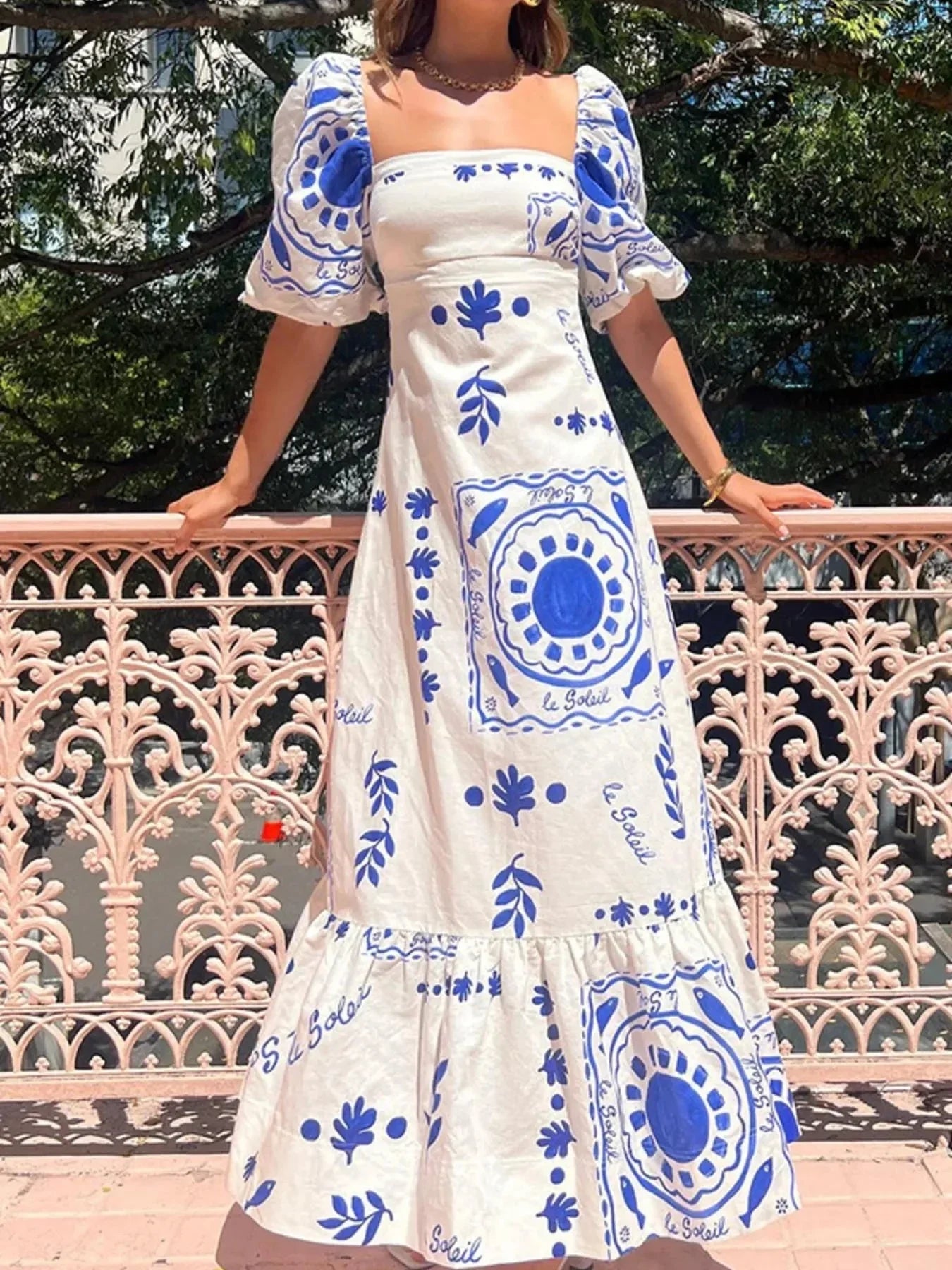 Floral Square Neck Puff Sleeve Maxi Dress with Ruffle Hem - VILLA FASHION